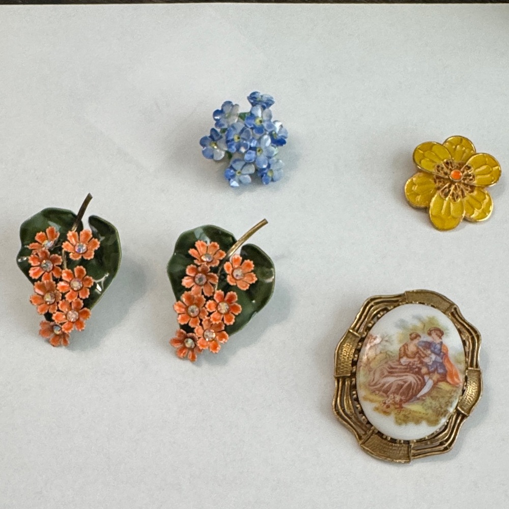 Floral Enamel Brooch Set - Orange, Blue, Yellow